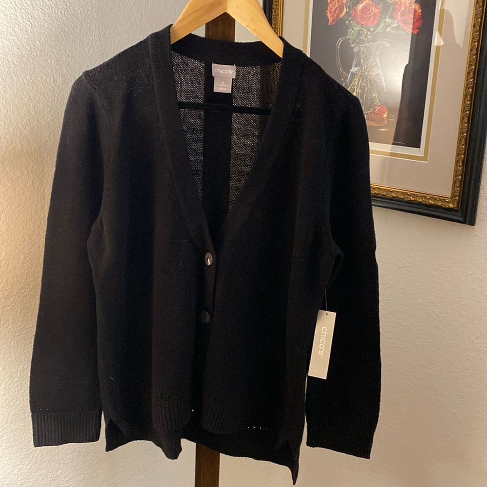 Chico’s Black Cardigan Size 2/L Linen Cotton Blend Never Worn